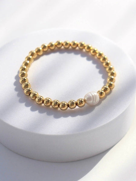Stretchy 14k Gold Filled Ball Bead Bracelet with FW Pearl