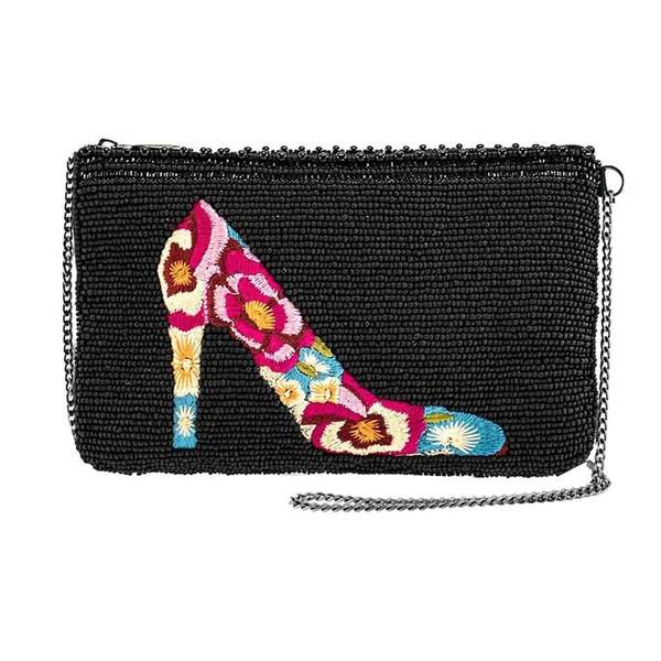 Mary Frances-In Step, Beaded Floral Embroidered High Heel Shoe Crossbody Phone Bag