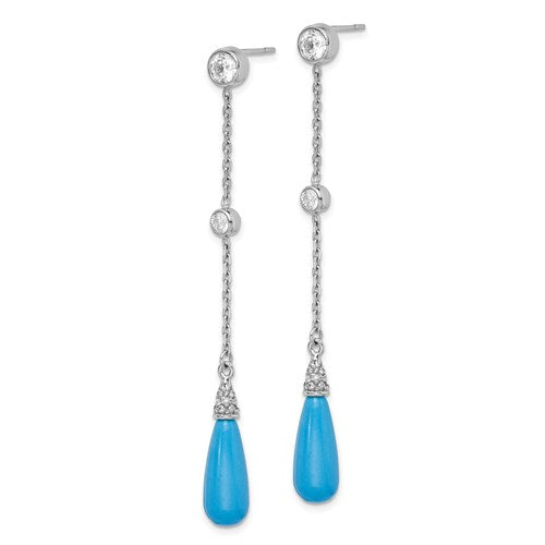 Sterling Silver Rhodium-Plated Turquoise Stone And CZ Post Dangle Earrings