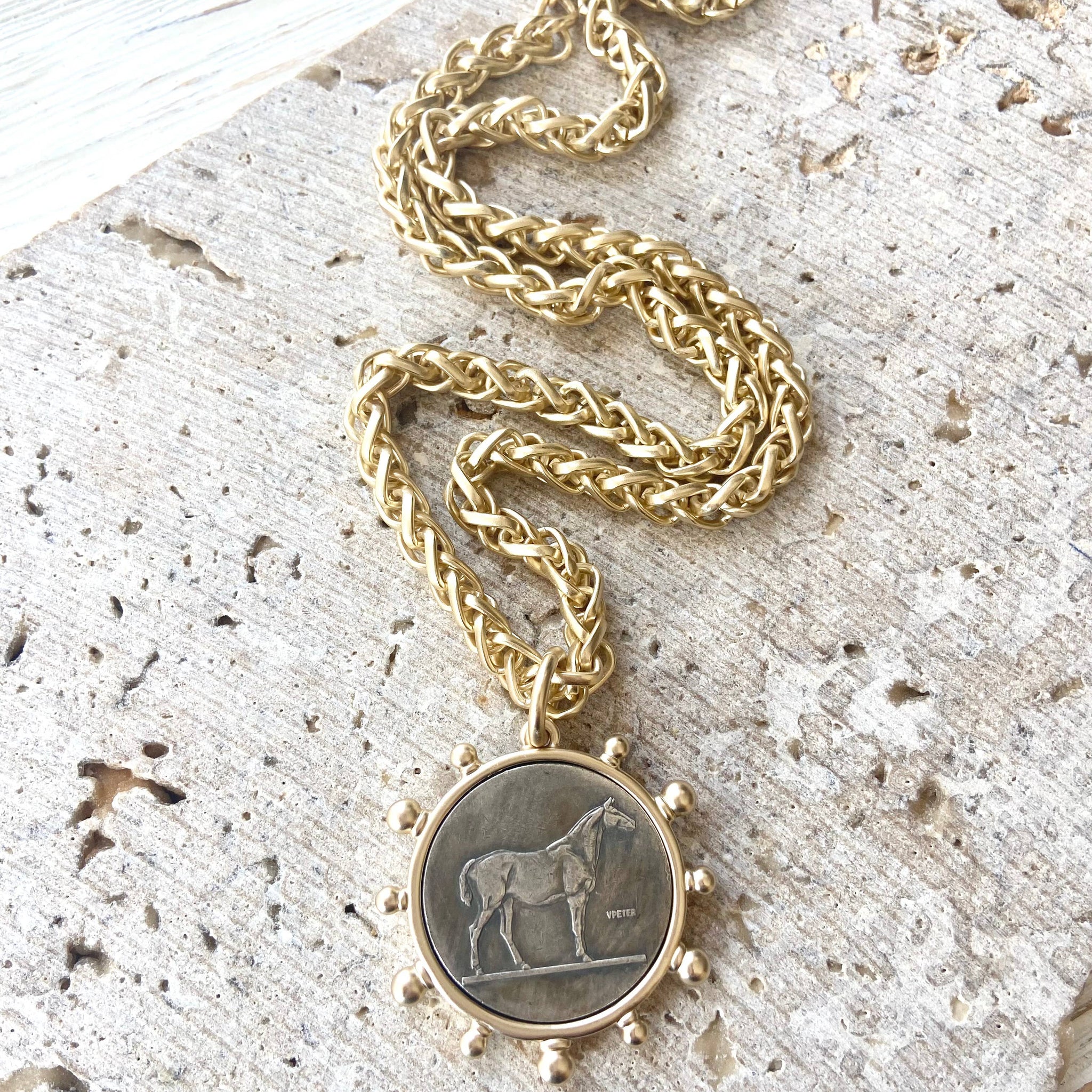 Matte gold horse French Bee coin necklace boutique