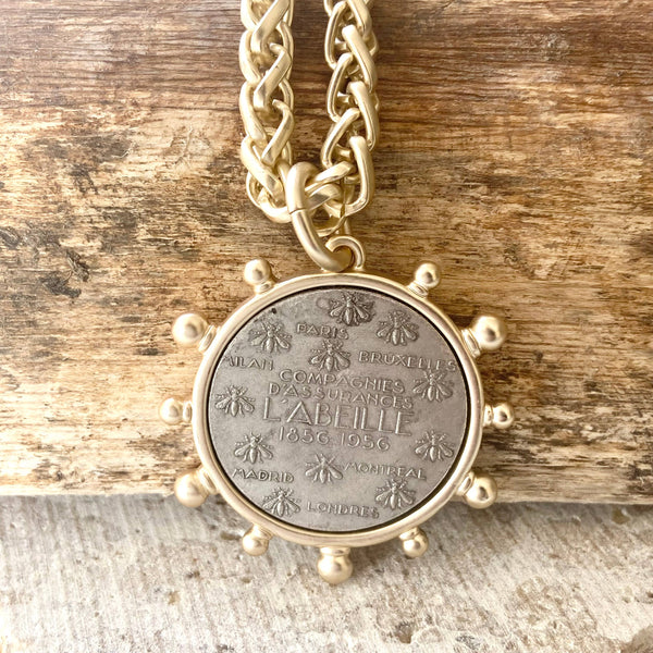 Matte gold horse French Bee coin necklace boutique