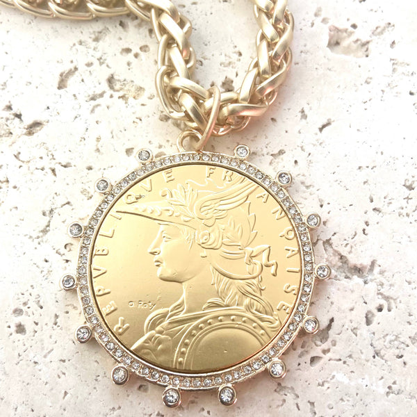 French coin necklace matte gold boutique