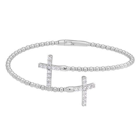 Kelly Waters-Platinum Finish Sterling Silver Double Cross Flexible Bracelet