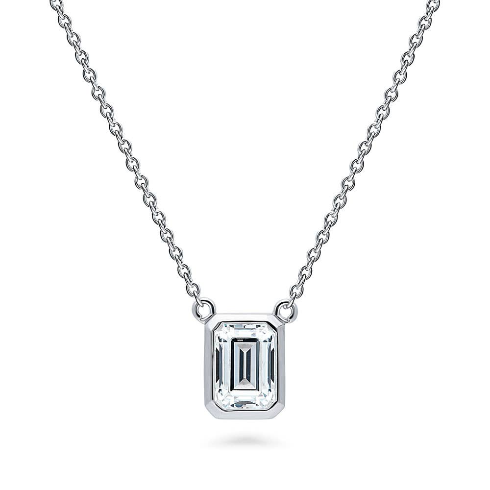 Silver Solitaire 1ct Emerald Cut CZ Necklace