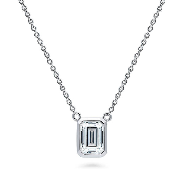 Silver Solitaire 1ct Emerald Cut CZ Necklace