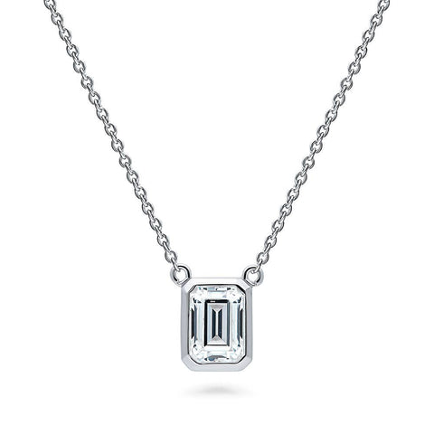 Silver Solitaire 1ct Emerald Cut CZ Necklace