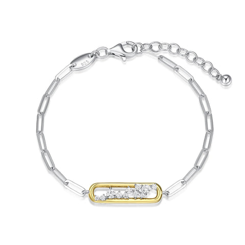 Charles Garnier-Sterling Silver CZ Paperclip Bracelet, Rhodium and Yellow Gold Finish