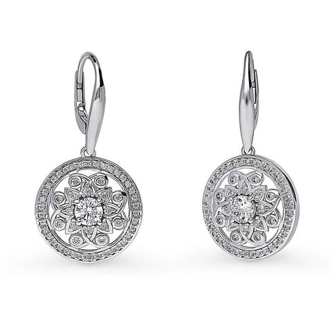 Silver Flower Medallion CZ Leverback Earrings