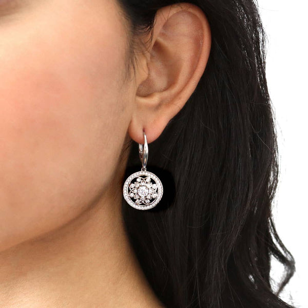 Silver Flower Medallion CZ Leverback Earrings