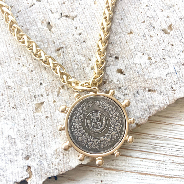 Matte gold horse French Bee coin necklace boutique