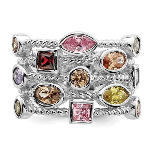 Sterling Silver Multi-Color, Multi-Shaped 5-Strand Ring