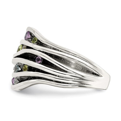 Sterling Silver Antiqued Blue Topaz/Peridot/Amethyst And CZ Ring