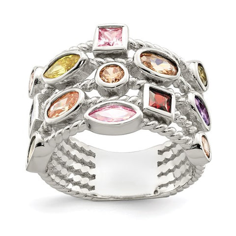 Sterling Silver Multi-Color, Multi-Shaped 5-Strand Ring