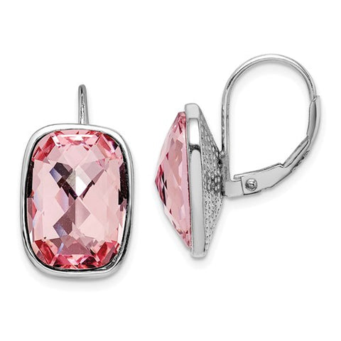 Sterling Silver Rhodium-Plated Pink Crystal Leverback Earrings