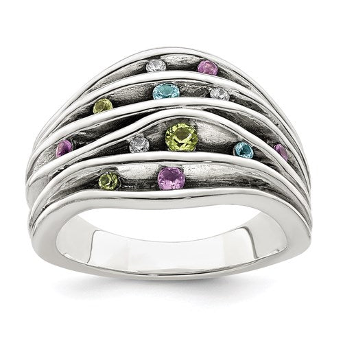Sterling Silver Antiqued Blue Topaz/Peridot/Amethyst And CZ Ring
