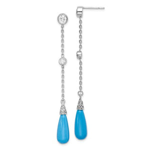 Sterling Silver Rhodium-Plated Turquoise Stone And CZ Post Dangle Earrings